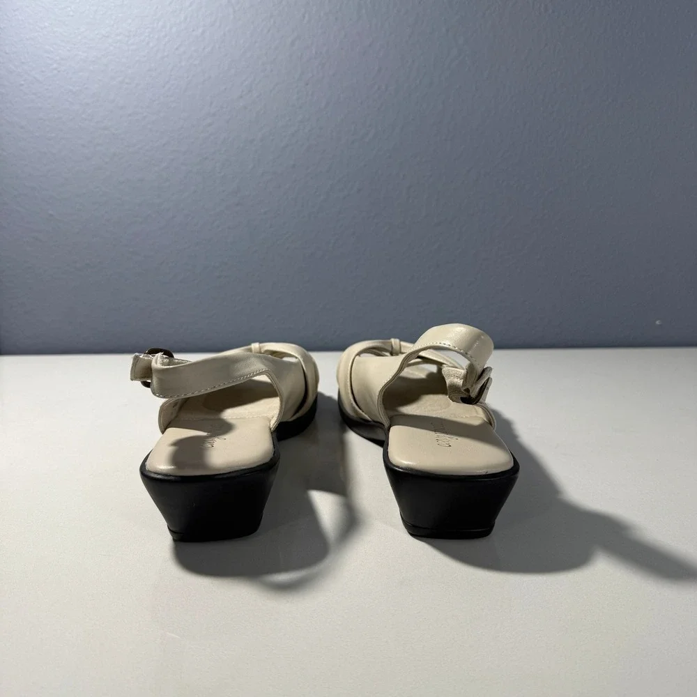 Easy Street‎ Womens 9.5 N Cream Slingback Wedge Sandals Ruched Peep Toe 30-5294